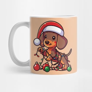 dachshund dog playing with Christmas lights Mug